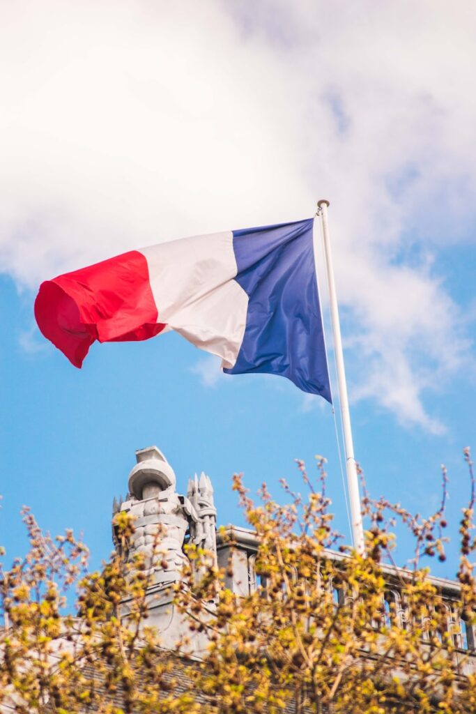 blue, white, and red flag with pole