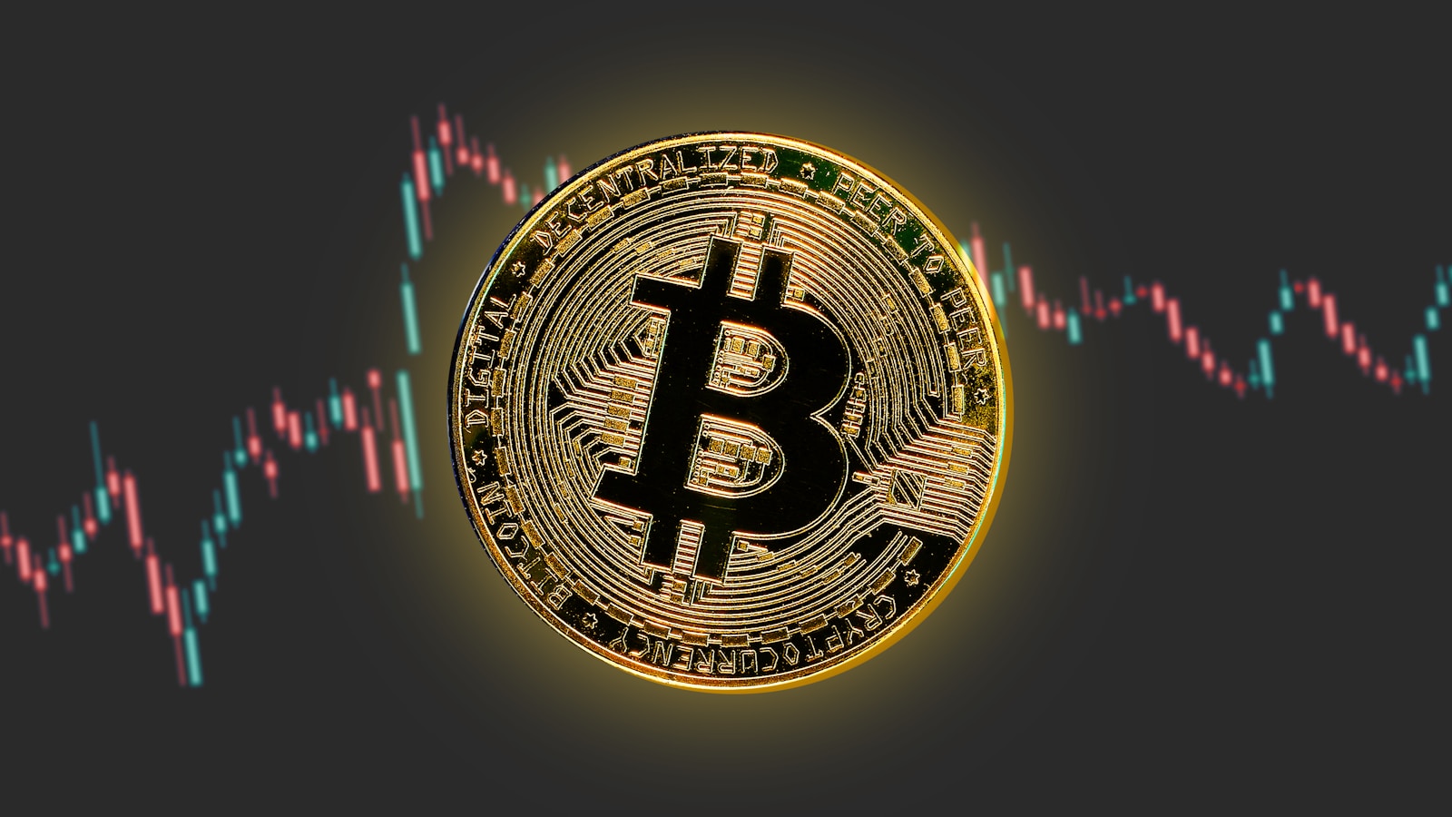 a bitcoin is shown in front of a stock chart