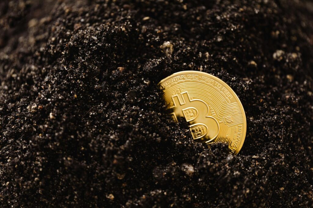 Close-Up Shot of a Bitcoin Buried in the Ground