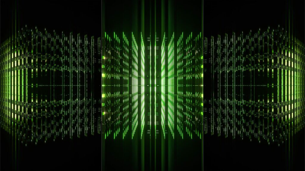 a series of three images with a green and black background