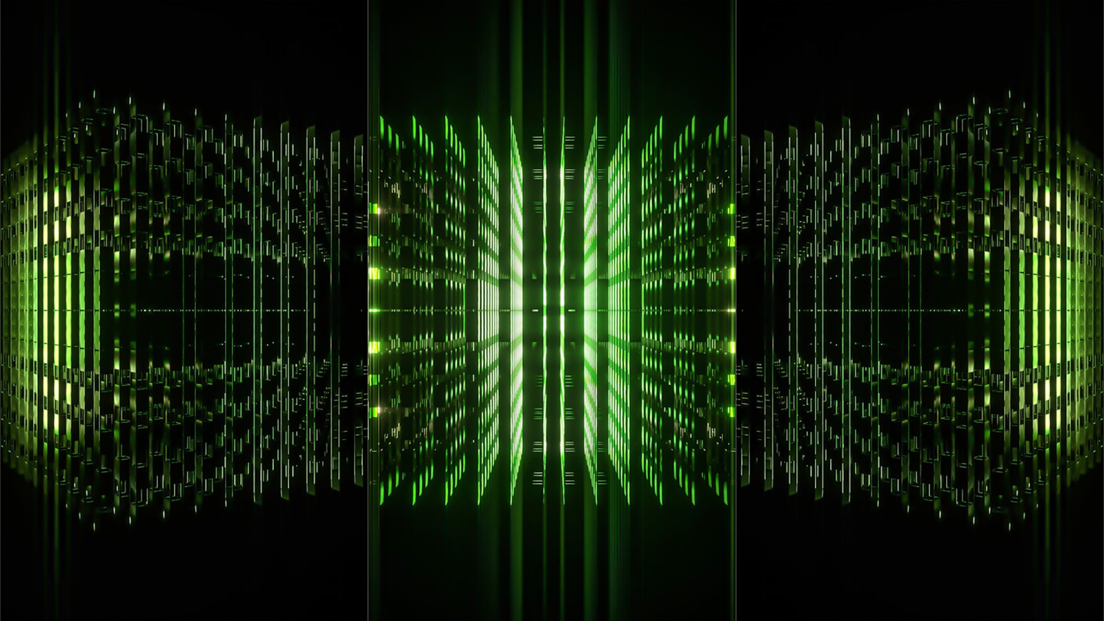 a series of three images with a green and black background