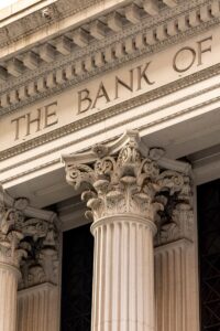 The bank of ornate classical columns and facade
