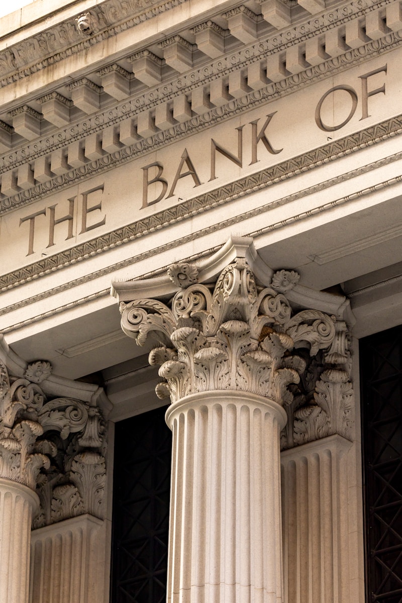 The bank of ornate classical columns and facade