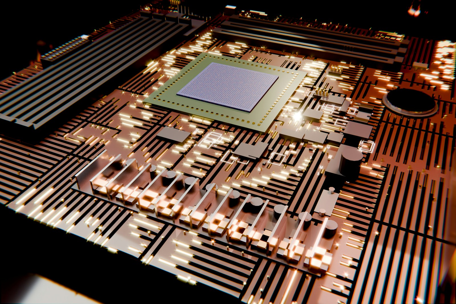 A glowing computer circuit board with a central processing unit.