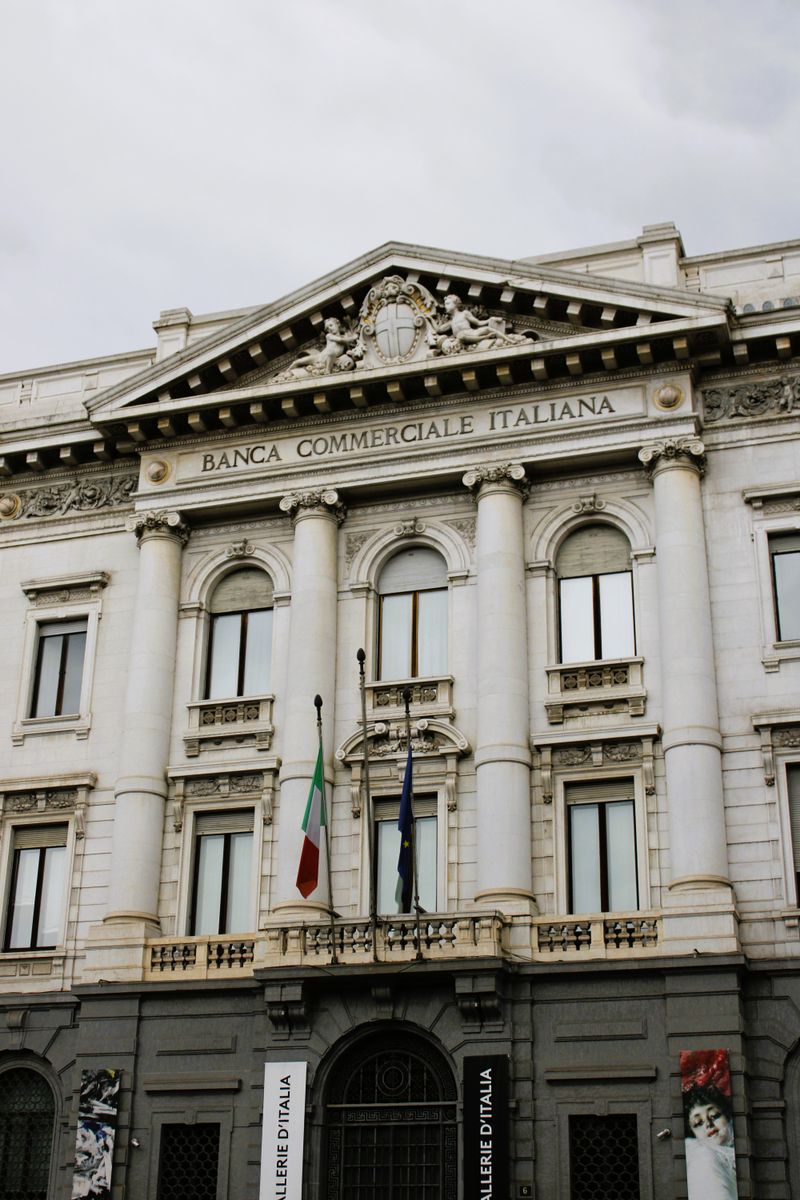 Facade of historical Banca Commerciale Italiana building, Milan, Lombardia, Italy.