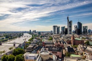 Aerial view of Frankfurt am Main showcasing its modern skyline and the Main River.