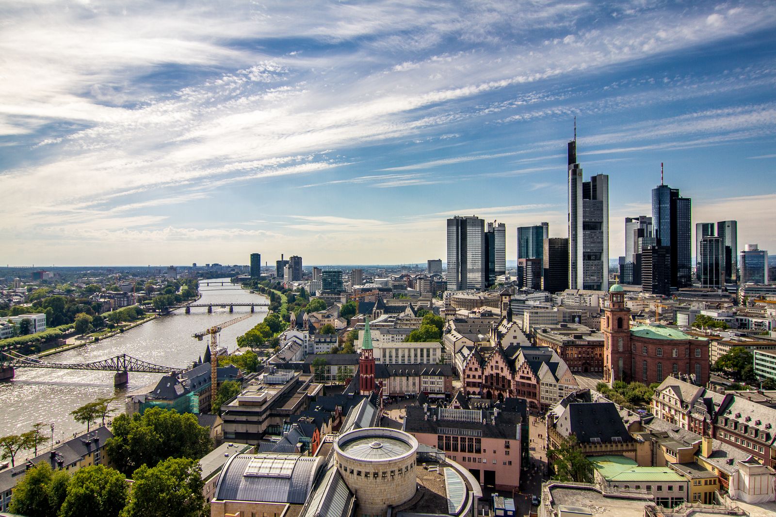 Aerial view of Frankfurt am Main showcasing its modern skyline and the Main River.
