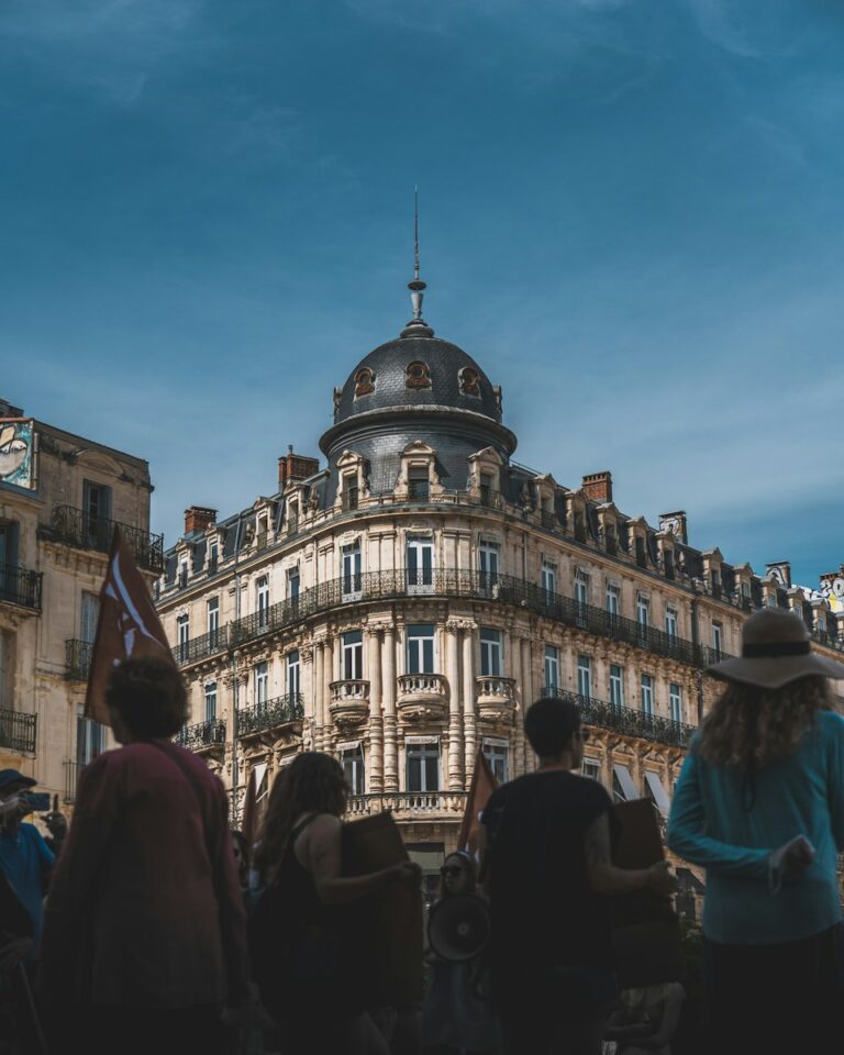 a group of people outside a building