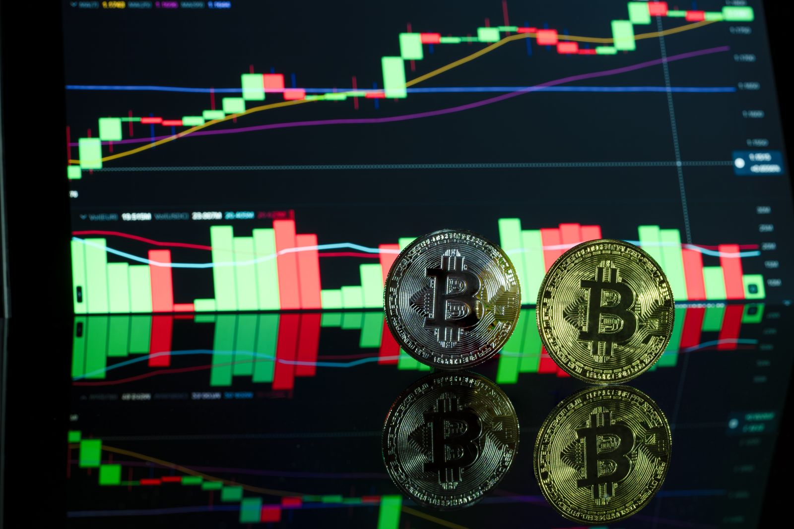 Bitcoin coins in front of a cryptocurrency trading chart showcasing market trends.