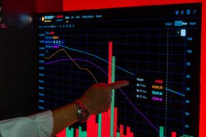 A detailed look at a male hand pointing at a graph displaying Bitcoin market trends on a digital trading screen.