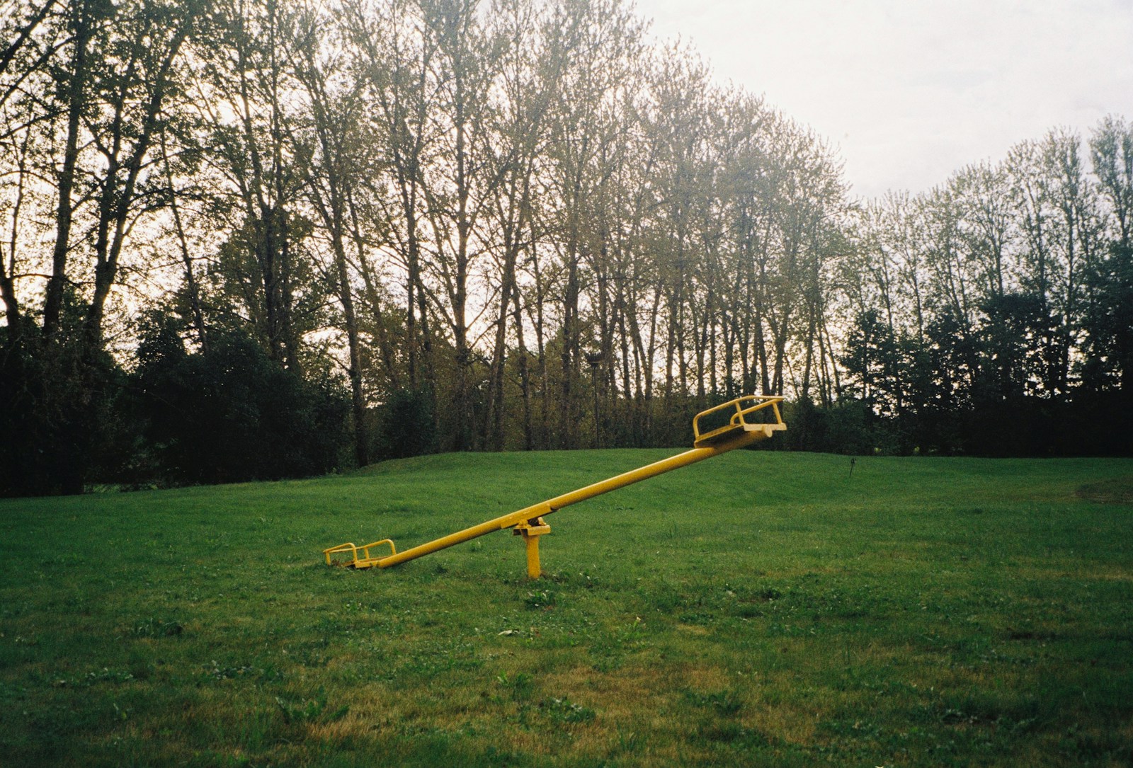 a yellow object in a grassy area