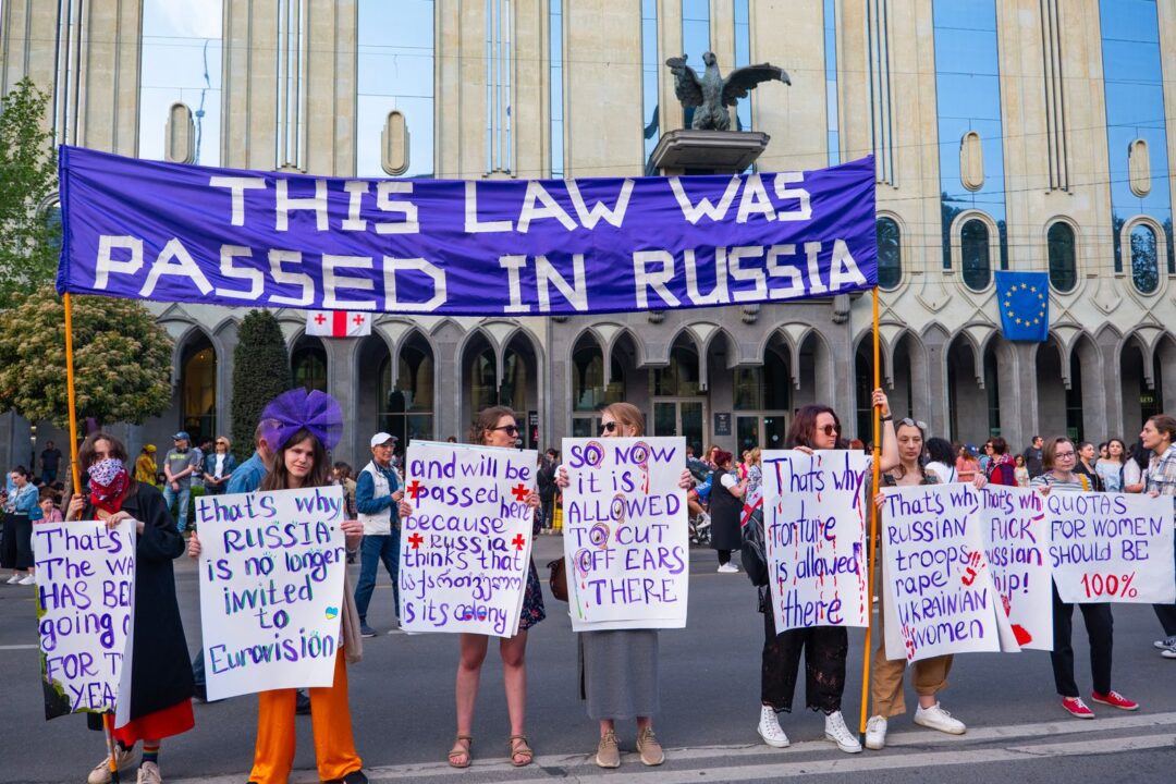Protestors in Tbilisi rally against Russian laws, holding signs for freedom and independence.