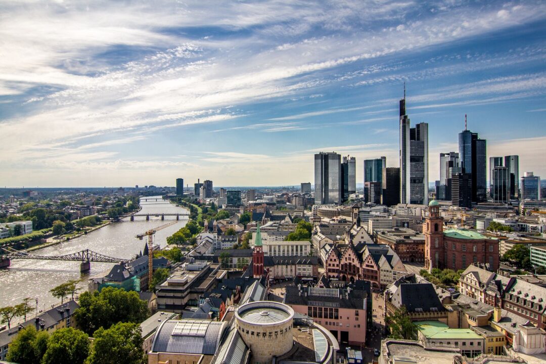 Aerial view of Frankfurt am Main showcasing its modern skyline and the Main River.