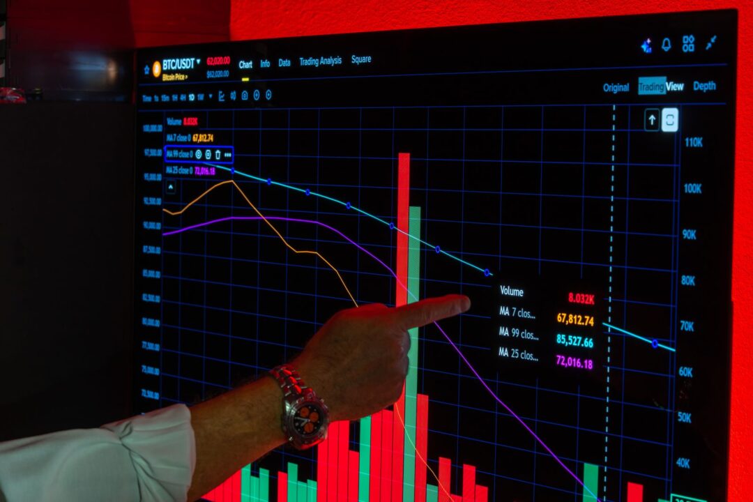 A detailed look at a male hand pointing at a graph displaying Bitcoin market trends on a digital trading screen.