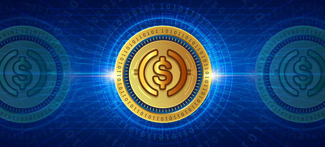 USD Coin (USDC) crypto currency coin on futuristic technology background vector - Blockchain based virtual money concept banner, poster and wallpaper illustration