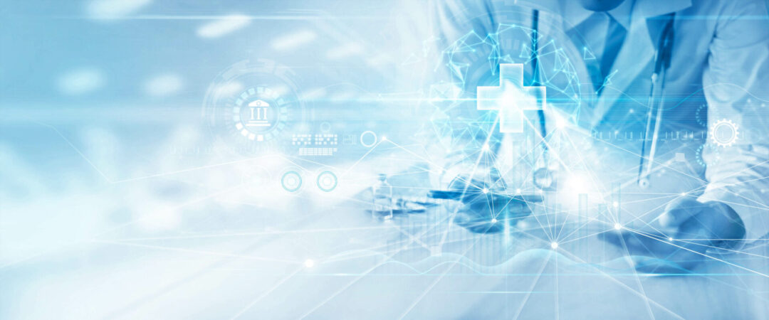 Healthcare business graph data and growth, Medicine doctor using mobile smartphone on interface medical social network connection, Medical investment and digital of healthcare concept. Blue tone.