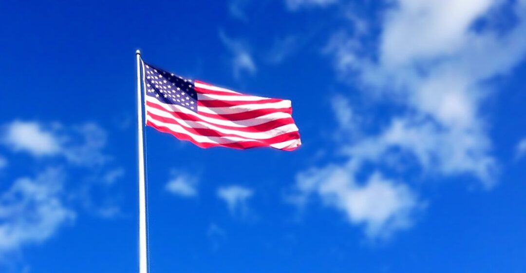 America Flag waving blue sky white puffy clouds American USA Flag windy day. Pics by Mike Mozart of TheToyChannel and JeepersMedia on YouTube. #AmericanFlag #USAFlag #BlueSkies #WhiteClouds #BeautifulDay #Patriotic #LaborDay #MemorialDay