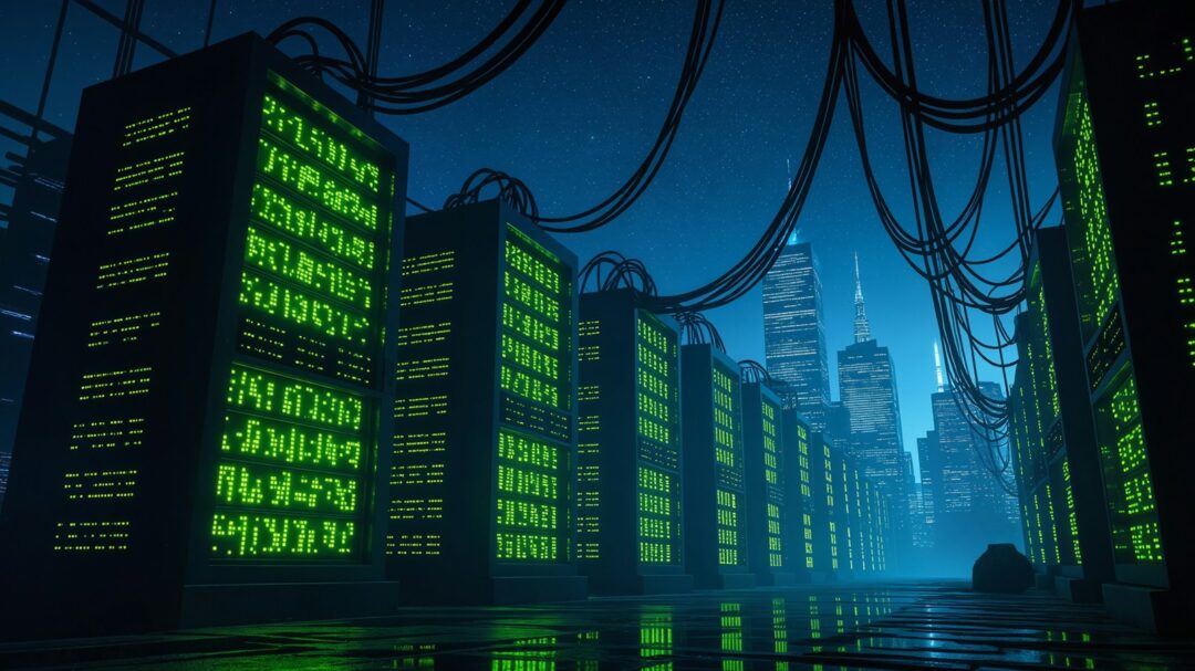 Servers illuminate a futuristic cityscape with a data center