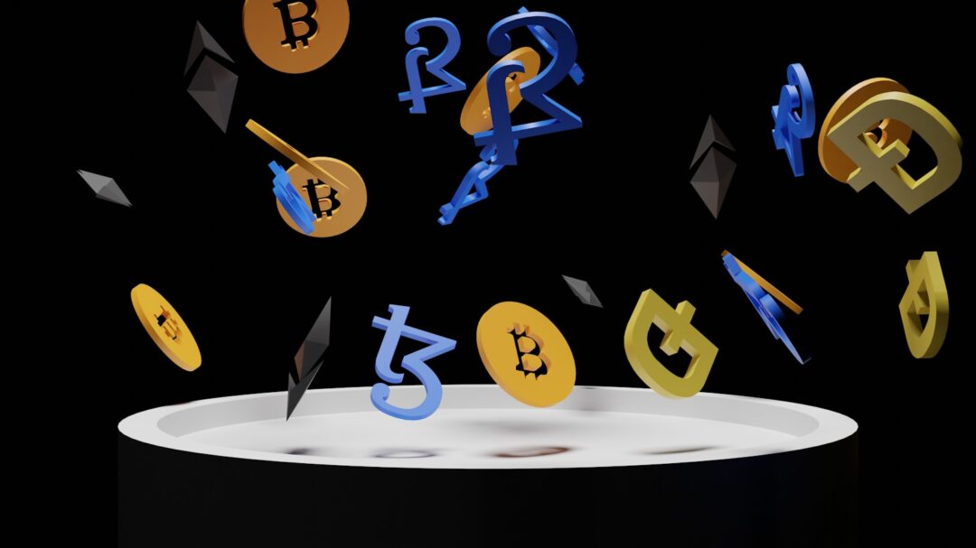 a bunch of bitcoins falling into the air