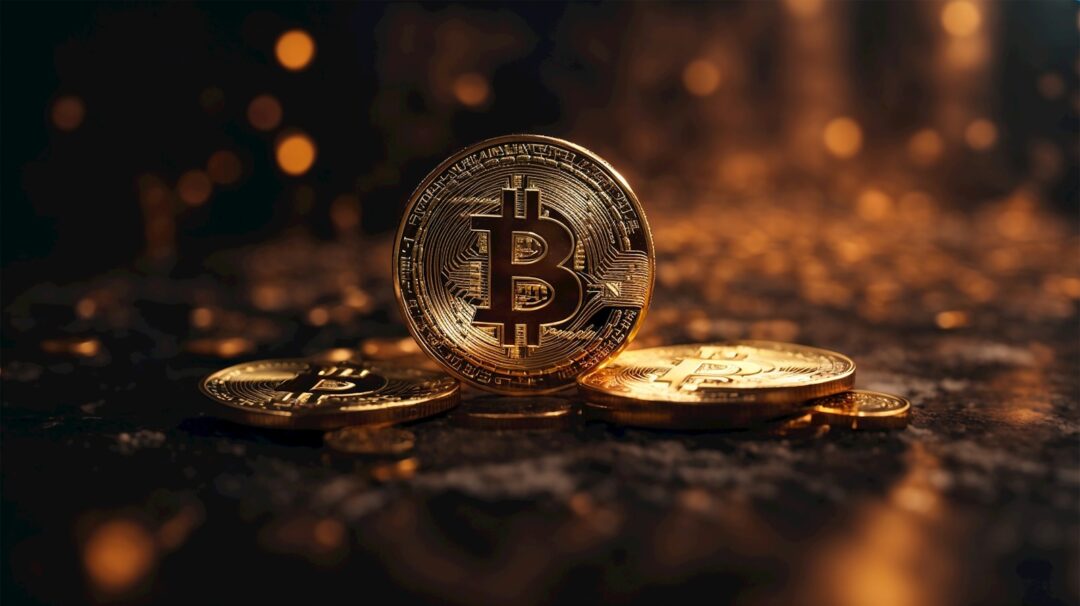 a bitcoin sitting on top of a pile of gold coins