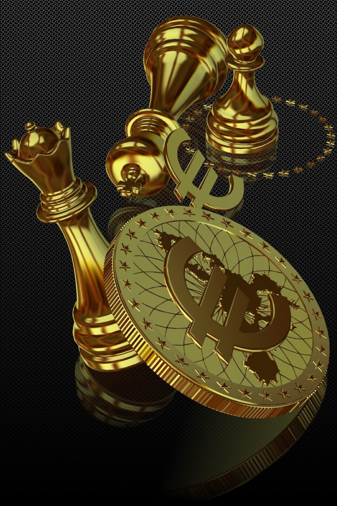 Chess pieces and euro coin symbolize money and power.